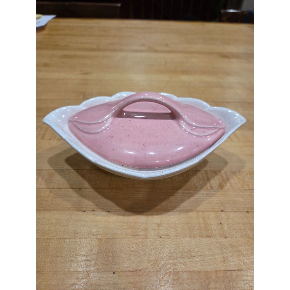 Vintage MCM Pink White Speckled California USA Pottery Casserole Dish 231